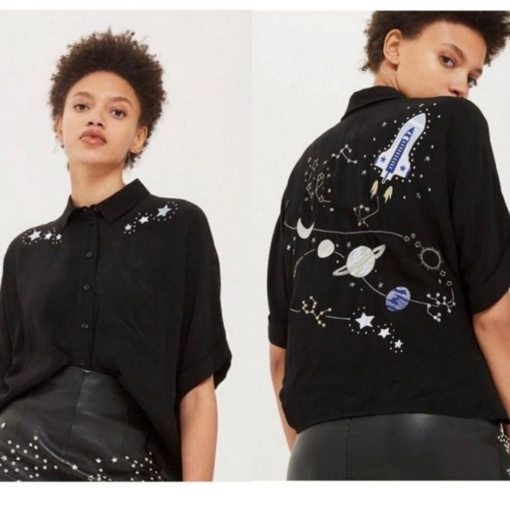 Topshop Black Button-Up Space Embroidered Shirt